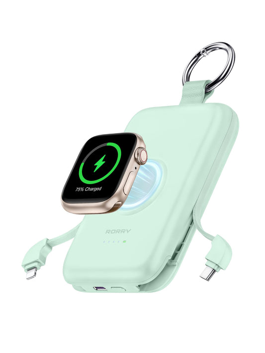 Power Bank RORRY Verde 10000mAh Pila Portátil con Cables Integrados para iPhone y Apple Watch