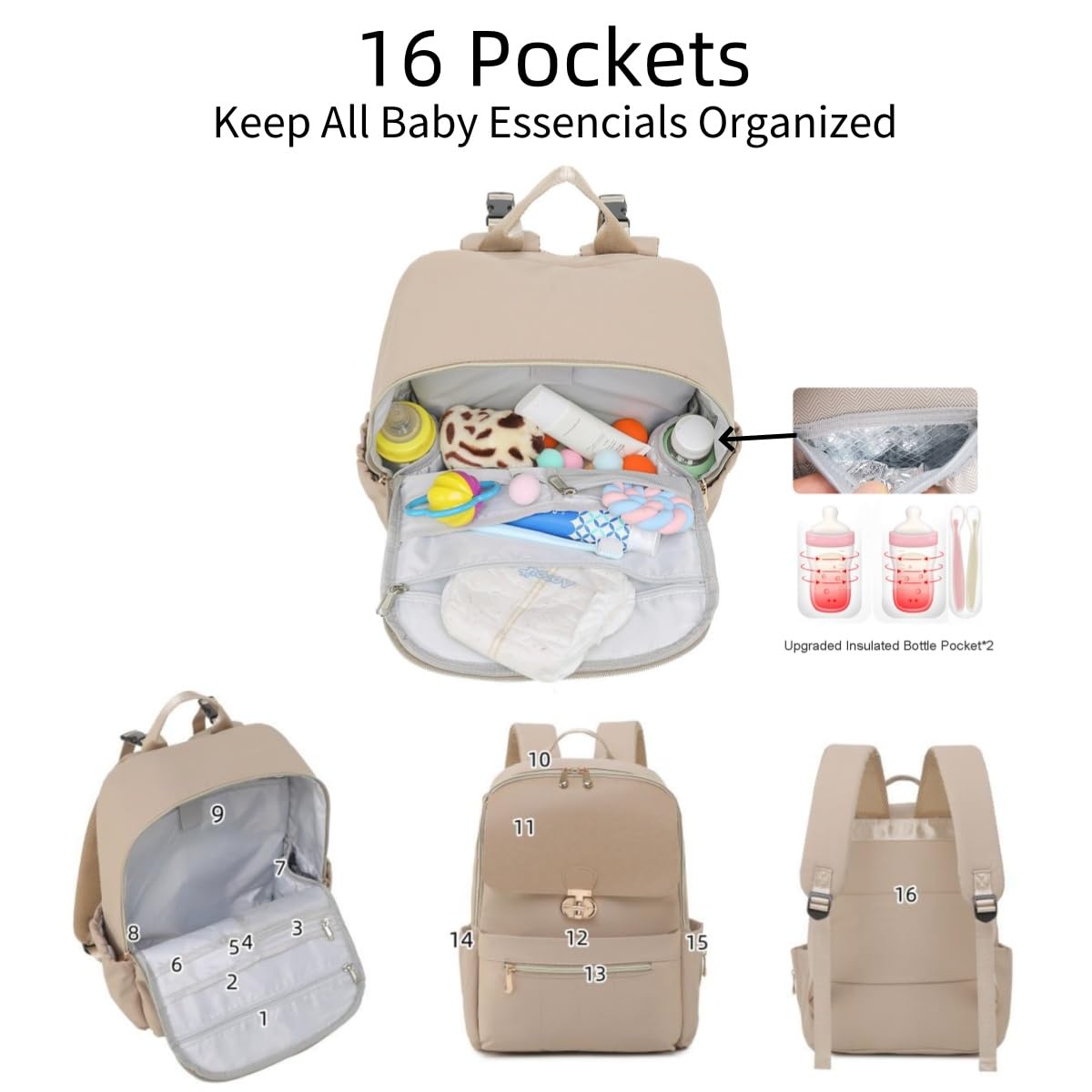 LELLIE - Bolsa de pañales para bebé, mochila para portátil para mujer, bolsa de bebé con bolsillos aislados, mochila de viaje (café topo)