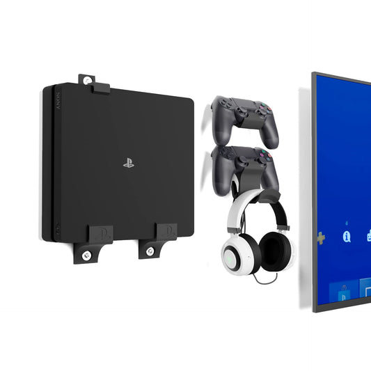 GENIALISS - Base Soporte para Consola PS4 Slim de Pared/Playstation 4 Slim/Play 4 Slim + Base Soporte para Control dualshock 4 y Soporte para audifono