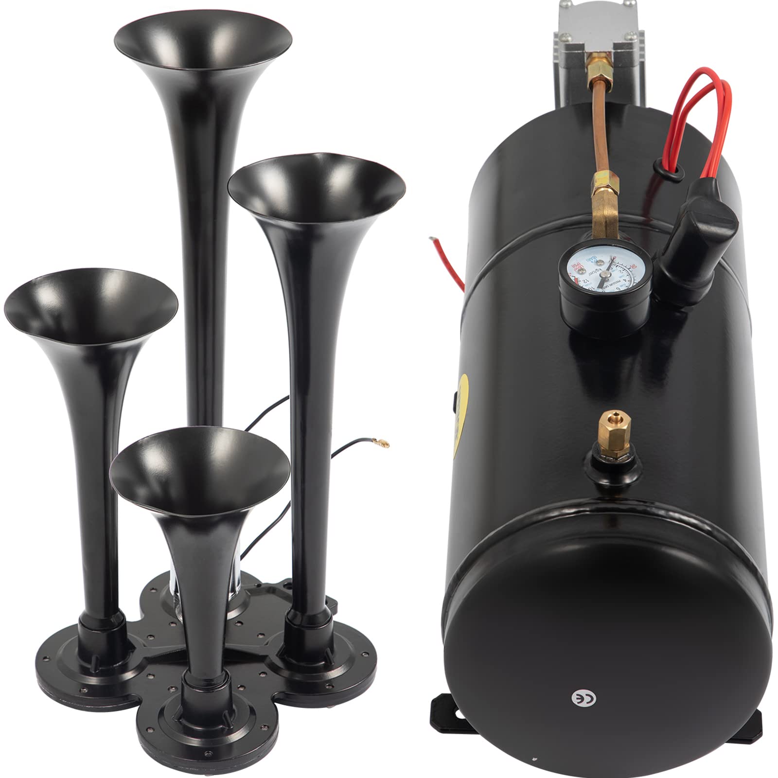 VEVOR Kit de bocinas de tren de 150 dB, 4 trompetas súper fuertes con compresor de aire de 120 PSI 12 V, tanque compresor de aire para cualquier vehículo, camión, coche, Jeep o SUV (negro)
