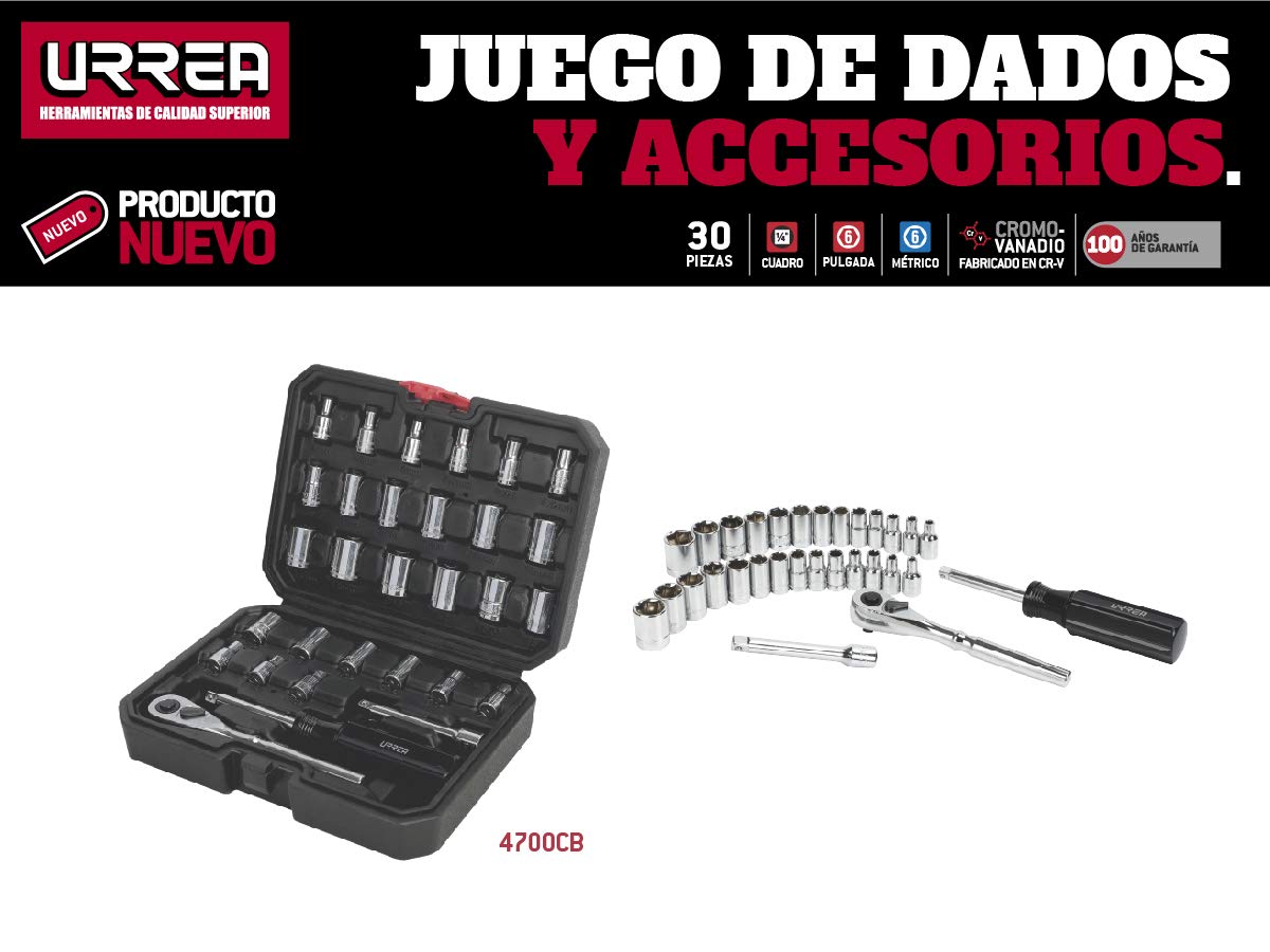 Juego de Dados y Accesorios Urrea 4700CB 1/4" Rojo en Estuche Plástico 30 Piezas