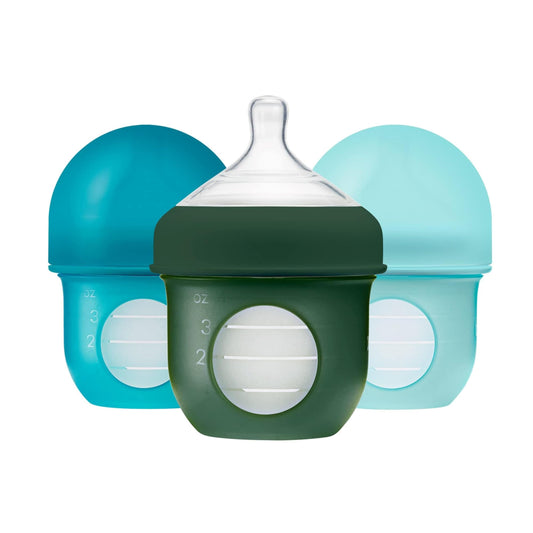 Boon Nursh - Bolsa de silicona reutilizable para biberones – Pezón de flujo lento – Bolsa de silicona para biberones y pezones – Esenciales de alimentación del bebé – Azul – 0-3 meses – 3 unidades – 4