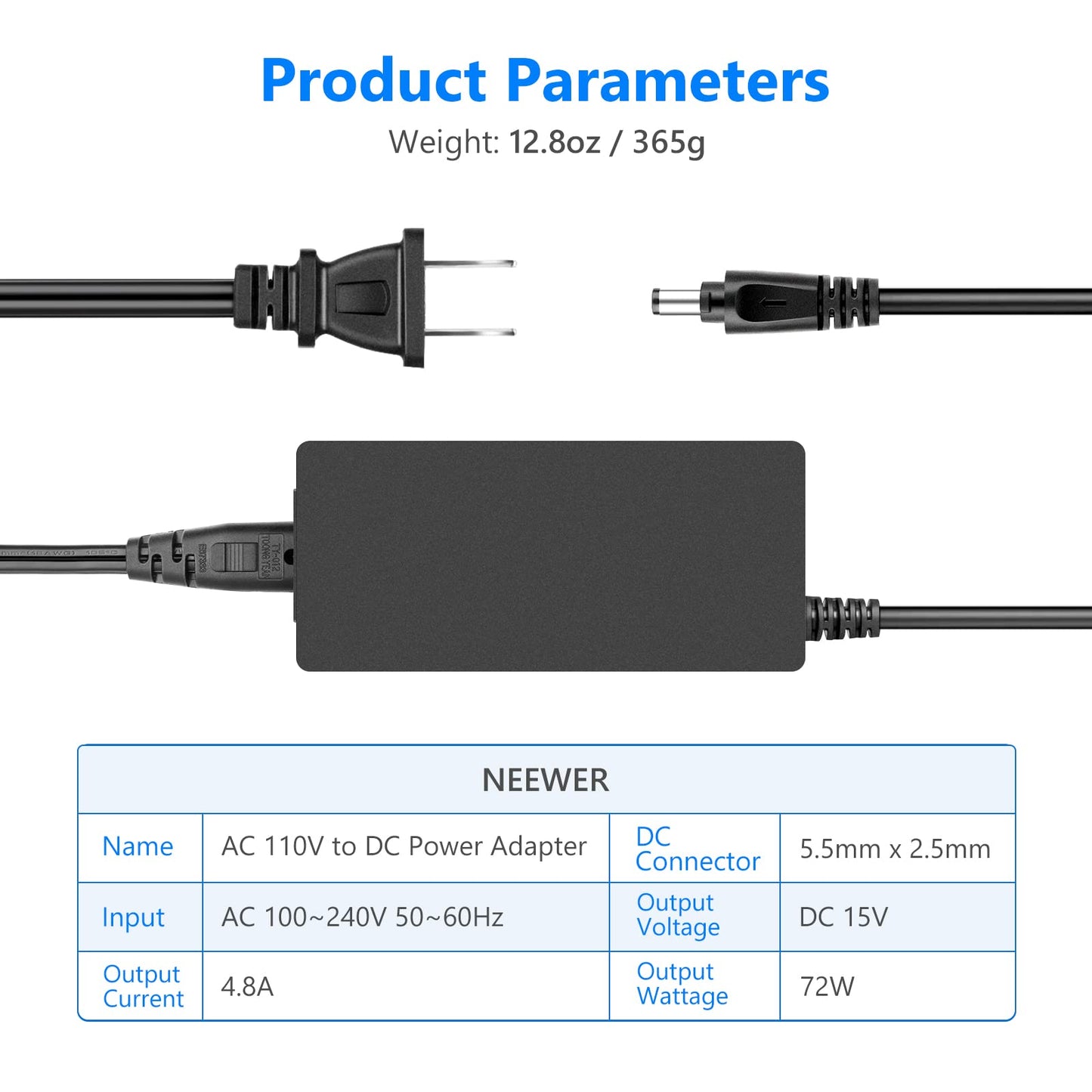 Neewer Photography AC 110V a DC 15V 2.0mm x 5.5mm Adaptador de Corriente con Cable de alimentación 4.8A Fuente de alimentación de Salida para Foto Estudio Anillo luz (Negro)