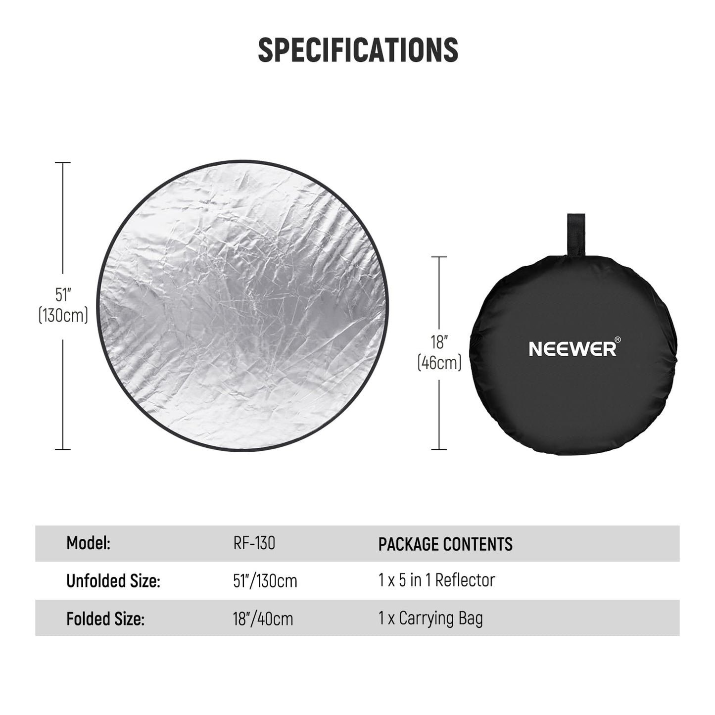 NEEWER 51"/130cm Difusor Reflector de Luz Multidisco Plegable 5 en 1 con Bolsa - Translúcido, Plata, Oro, Blanco y Negro para Iluminación de Fotografía de Estudio al Aire Libre, RF-130