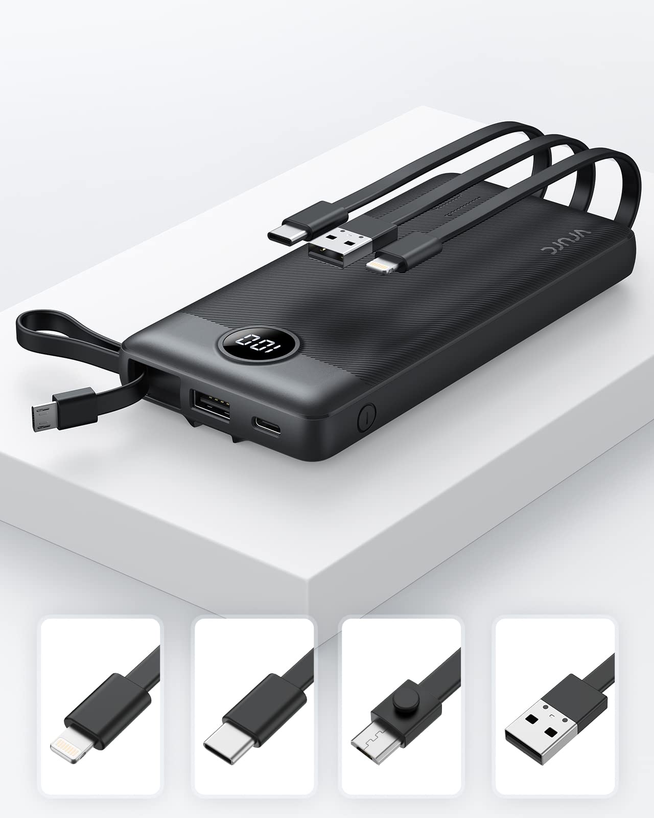 Batería Externa MOFIT 10000mAh Negra con Cables Integrados y Pantalla LED
