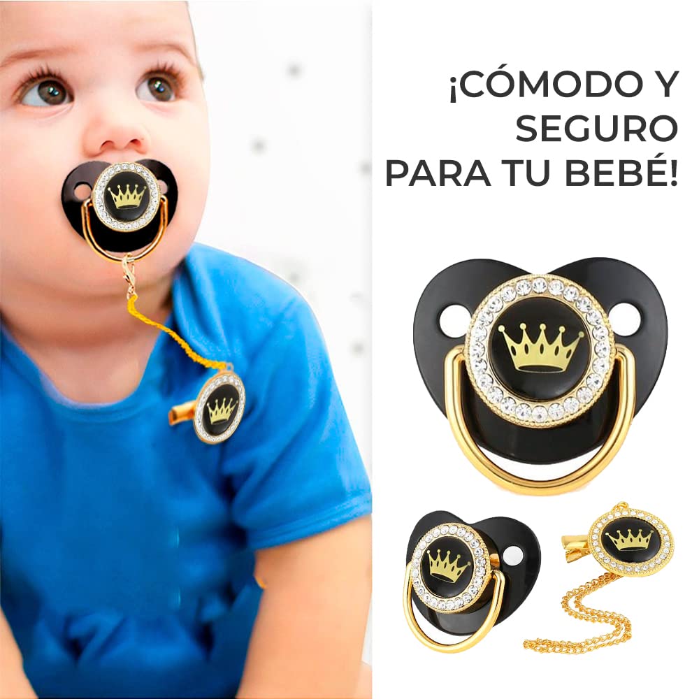 Chupón/Chupete para Bebé, Diseño VIP de Corona con Mamilla Ergonómica Libre de BPA para Niño y Niña + Clip de Seguridad y Tapa protectora | 0 a 18 meses (Negro/Corona Dorada)