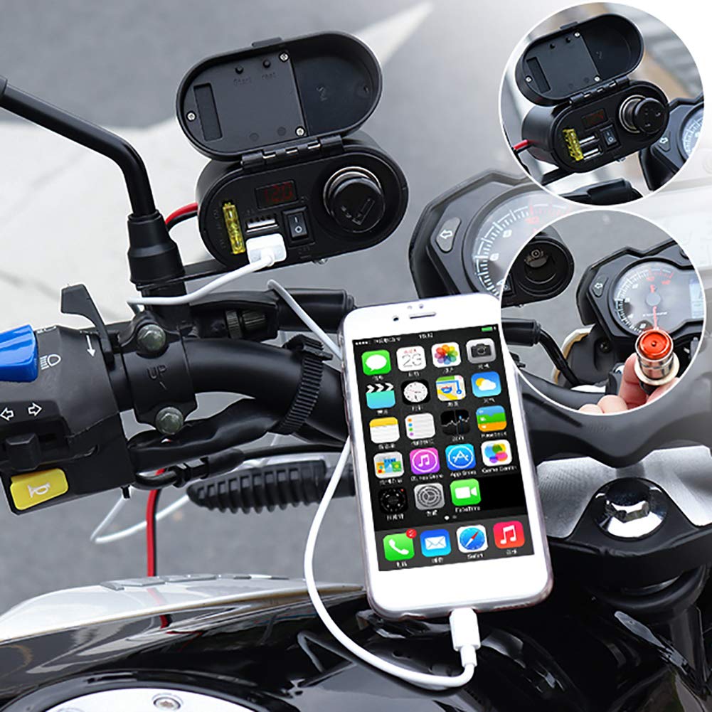 Cargador USB para Motocicleta, DC 12V / 24V Encendedor de Cigarrillos para Motocicleta Puertos de Carga USB Duales Voltímetro Reloj Pantalla de Tiempo Motor Cargador de Teléfono