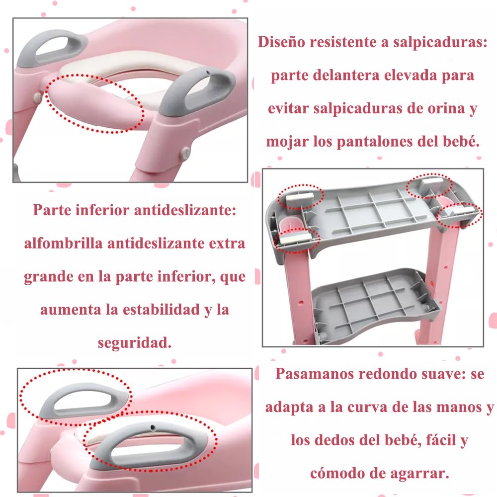 Jiula Asiento Entrenador para Baño con Escalera Antideslizante, Baño Entrenador Niño, Plegable Escalera para Baño Niños, Fácil de Guardar, Asiento Ergonómico, Edad de 3 a 10 Años, Tapizado, Rosa