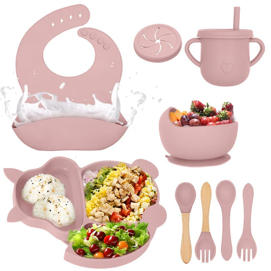 FINYQBET Platos Para Bebés De Silicona Con Tazón Cuchara Tenedor Babe,Set de 8 Piezas para Bebés,Plato para Bebe con Ventosas, Ajustable,Rosa