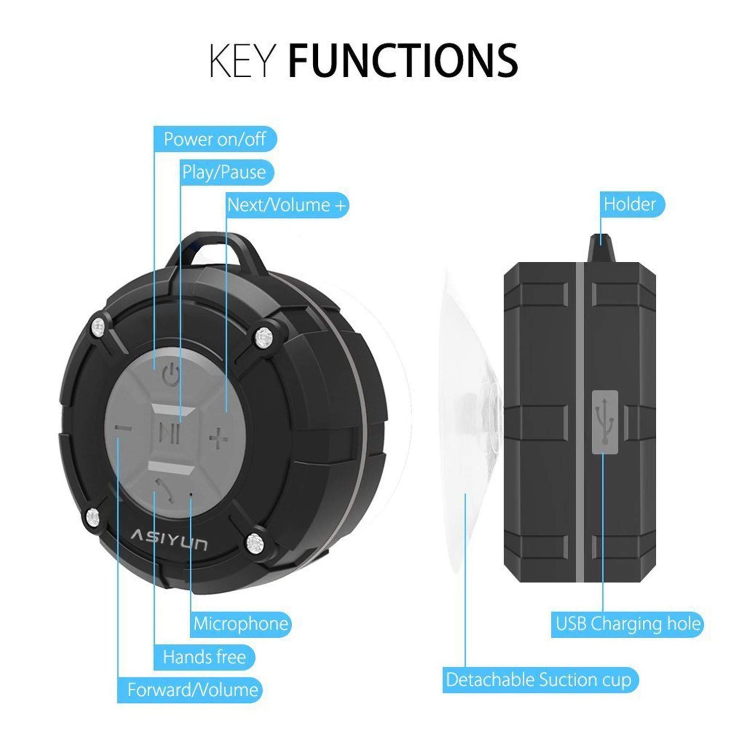 ASIYUN Shower Speaker, IPX7 Waterproof Bluetooth Speaker, Loud HD Sound, Portable Wireless Speaker with Suction Cup & Sturdy Hook, Built-in Mic, for Shower, Pool, Beach, Outdoor(Gray)