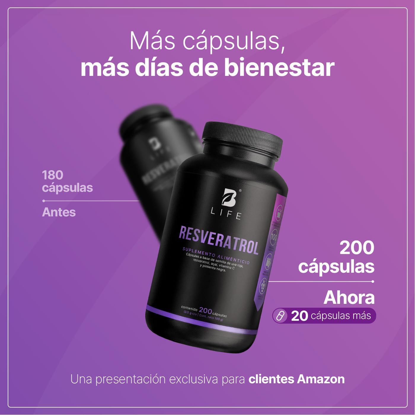 B Life Resveratrol 200 Cápsulas | Antioxidante de 1000 mg por porción | Pimienta negra, Uva Roja, Acai y Vitamina C. Ingredientes Naturales.