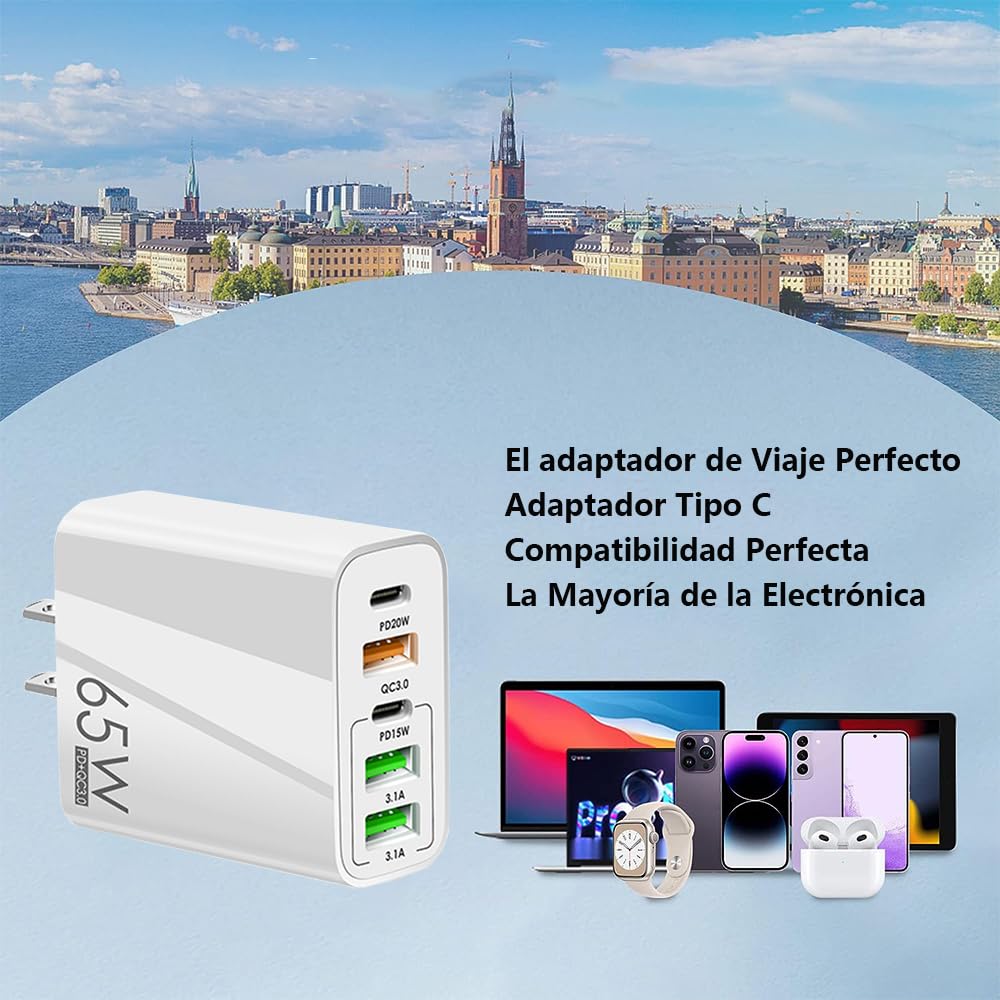 Jiula 65W 5 en 1 Cargador Carga Rapida Tipo C con Cable 1.5M - Cargador Carga Rapida para iphone14/13/12/11/Pro/Samsung/Xiaomi/Huawei/Motorola. Etc (65W,iPhone C)
