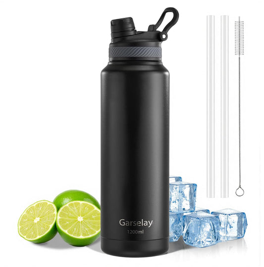 Botella Térmica de Acero Inoxidable 1200ml-Termo para Agua Fría con Tapa de Taza y Asa Portátil, Doble Aislamiento 24 Horas Frío, Sellado Hermético, Diseño Antigoteo para Deportes (Negro,1.2 Litros)