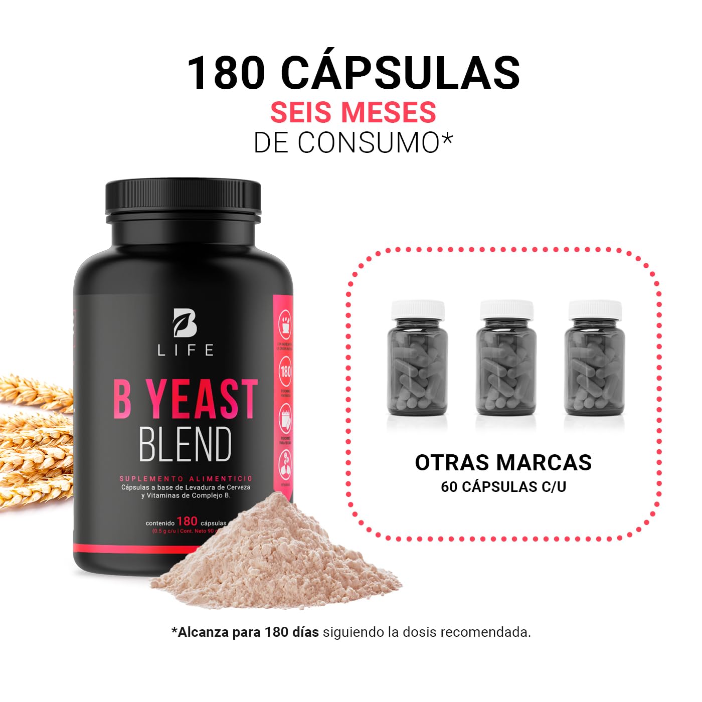 B Life Company Complejo B. Levadura de Cerveza y Vitaminas B1, B2, B3, B5, B6, B12. Ingredientes Naturales con 180 cápsulas de 500 mg. B Yeast Blend