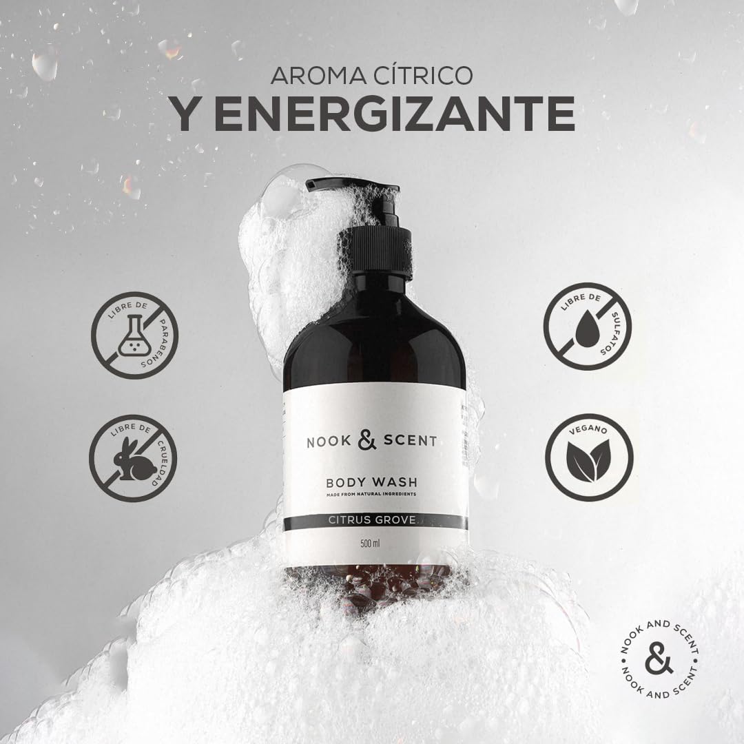 Body Wash Cítrico | 500 ml | Limpieza e Hidratación | Libre de Sulfatos y Parabenos, Vegano, Aceites Esenciales, Aroma Revitalizante con Notas de Naranja, Cedro y Patchouli | Nook & Scent