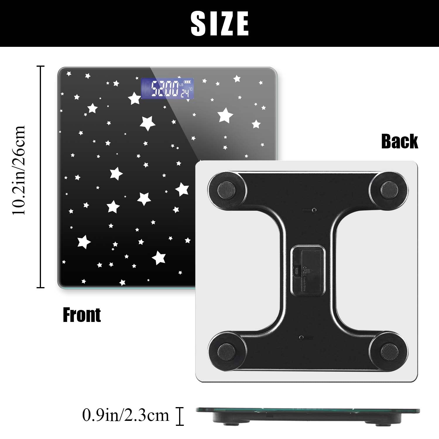 Báscula digital de baño para peso corporal de 400 libras, báscula digital personalizada con pantalla retroiluminada, fácil de leer (batería no incluida), estrellas en blanco y negro