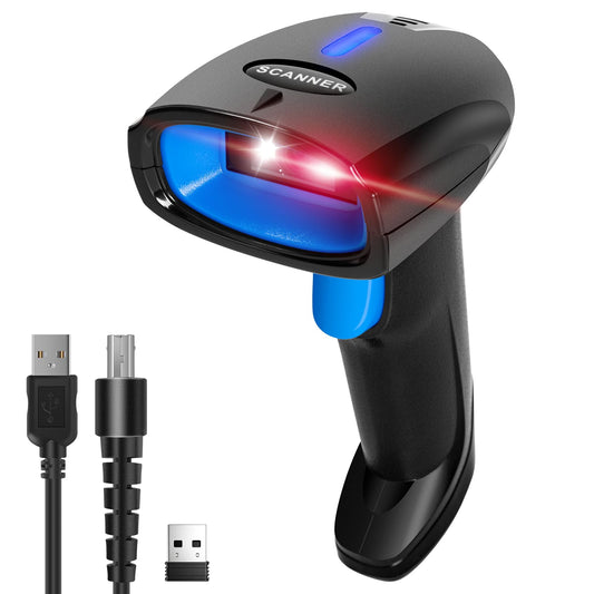 Escaner Codigo de Barras 3 en 1 - 2D 1D Lector Código de Barras Bluetooth Inalámbrico 2.4GHz - Scanner Código de Barras Láser Alámbrico para Supermercado/Biblioteca/Teléfono Android/iOS/PC/Windows/Mac