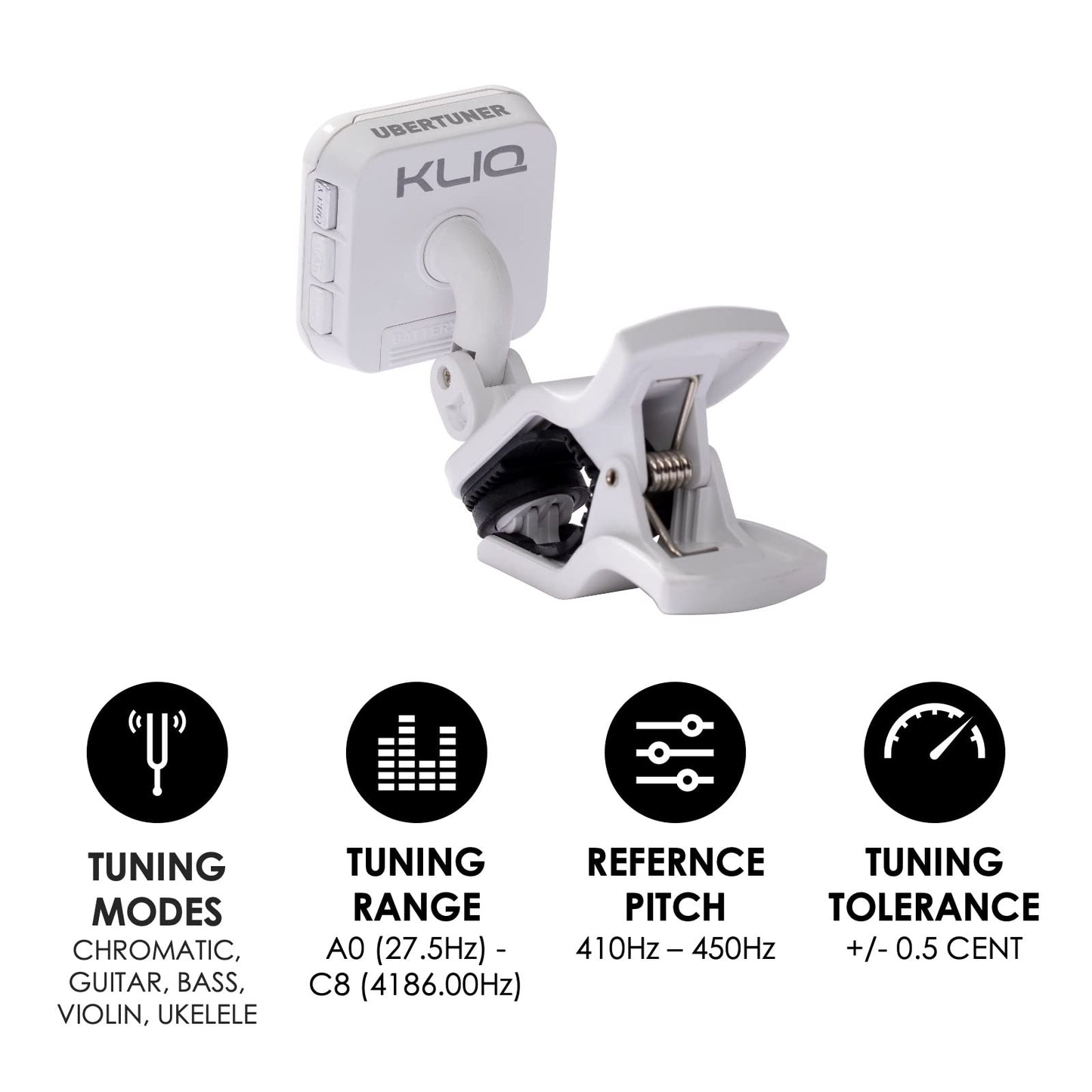 KLIQ UberTuner, sintonizador profesional de clip para guitarra, bajo, ukelele, violín, mandolina, banjo y todos los instrumentos, afinación cromática rápida y precisa con modos multi-tecla, blanco
