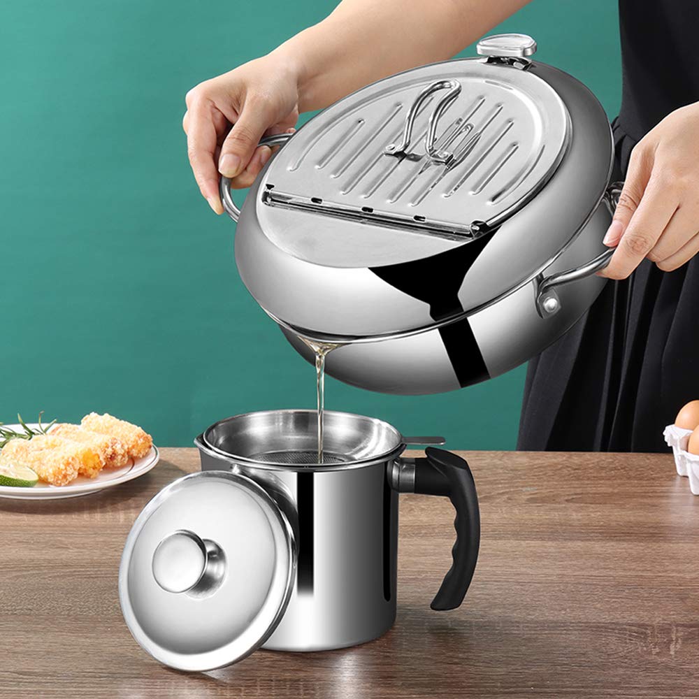 Olla para Freír Tempura Japonesa de Acero Inoxidable con Termómetro y Escurridor plateada, pequeña 24 cm
