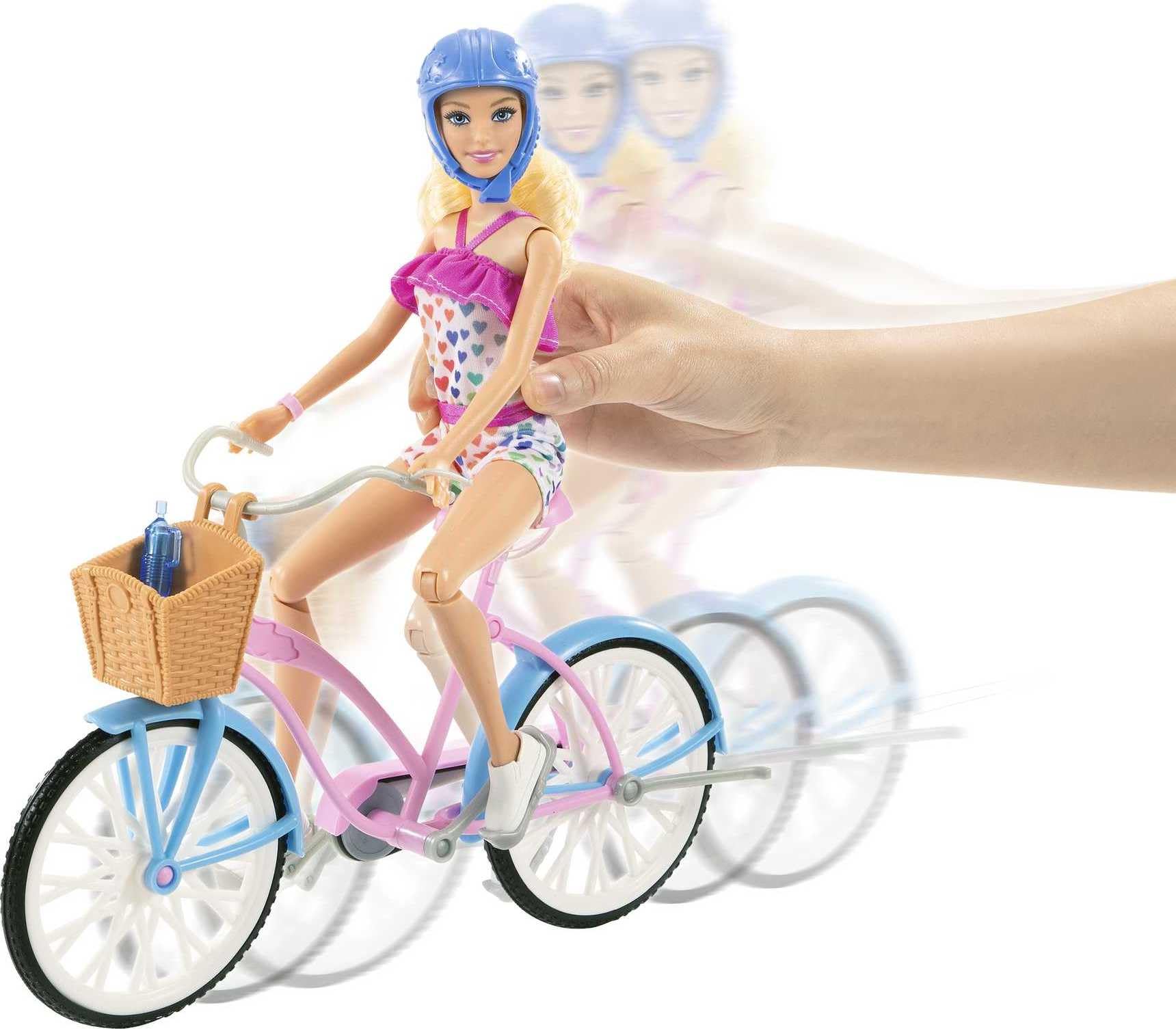 Barbie, Set de Juego, Bicicleta con Muñeca, para Niñas de 3 Años en Adelante, Mattel, Diseño Rosa y Azul, Canasta de Dulces, Caderas, Brazos y Rodillas se doblan