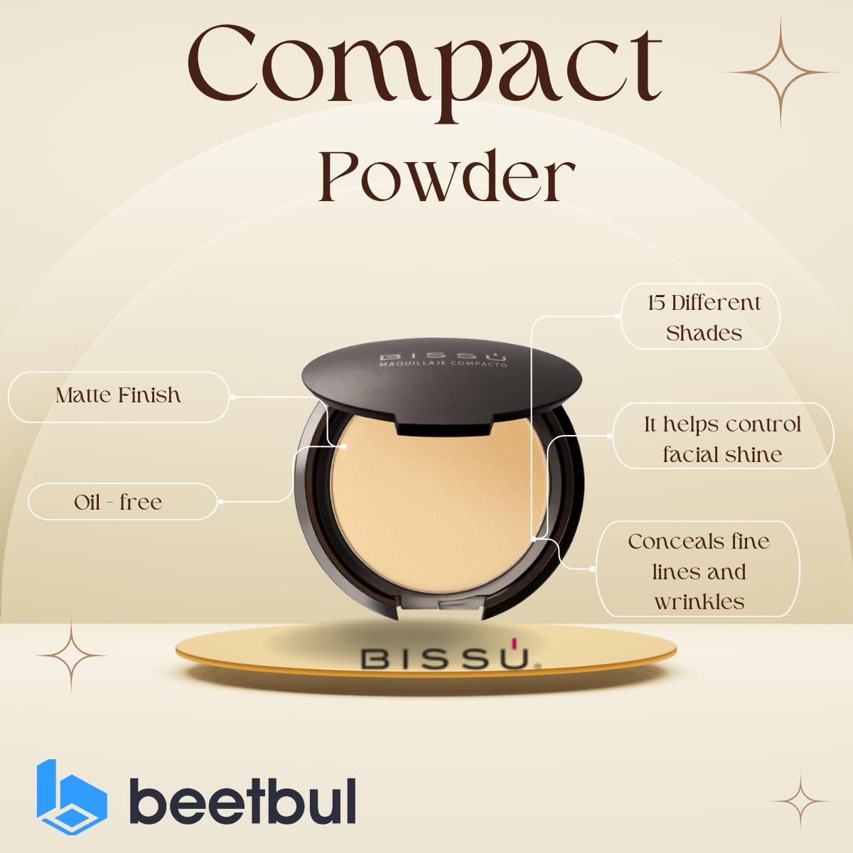 Kit de maquillaje y exfoliación – Polvo compacto Bissú + 1 Almohadilla de terciopelo mediano + 2 Almohadillas de dedos + 1 esponja exfoliante facial (10 Honey)