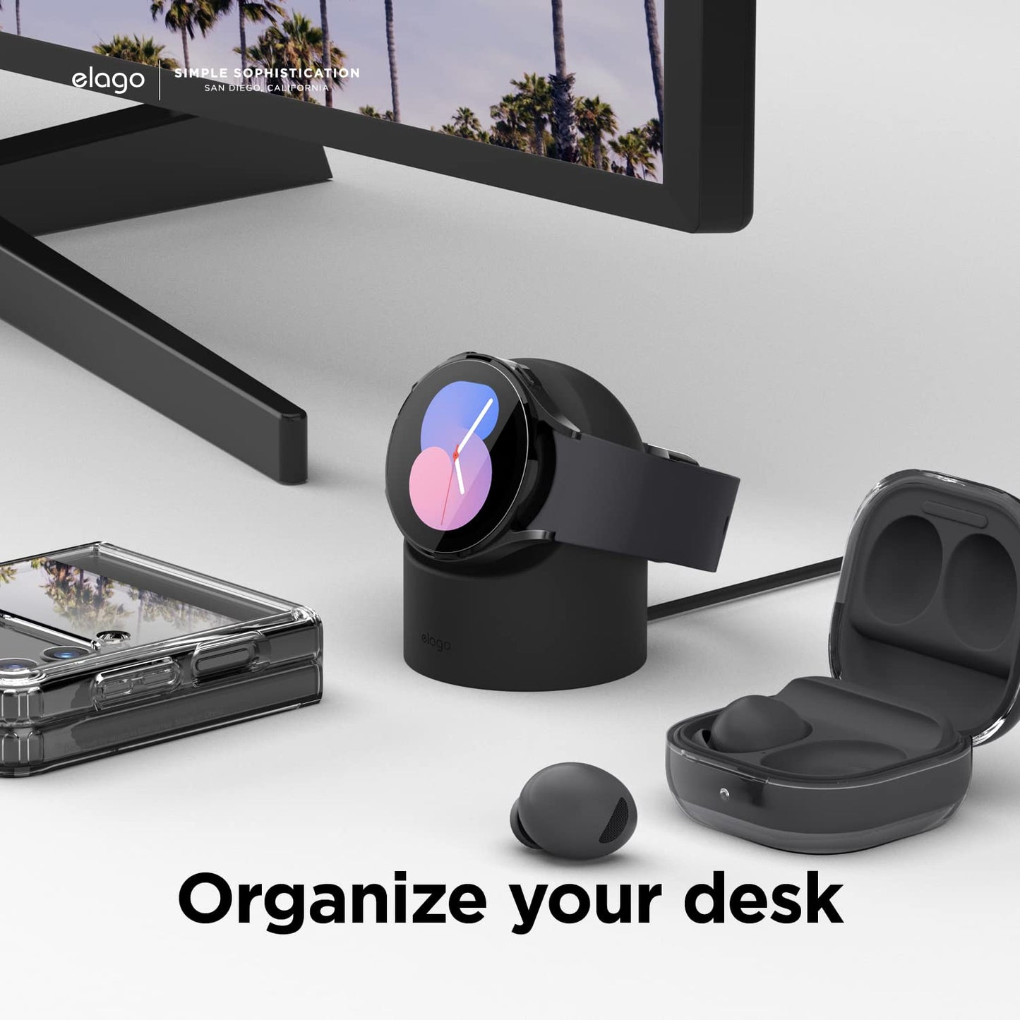 elago Soporte de Carga Compatible con Samsung Galaxy Watch 8/8 Classic,7/Ultra,6/6 Classic,5/5 Pro [40/43/44/45/47mm], Modo Soporte Nocturno, Gestión de Cables [Cable de Carga No Incluido] (Negro)