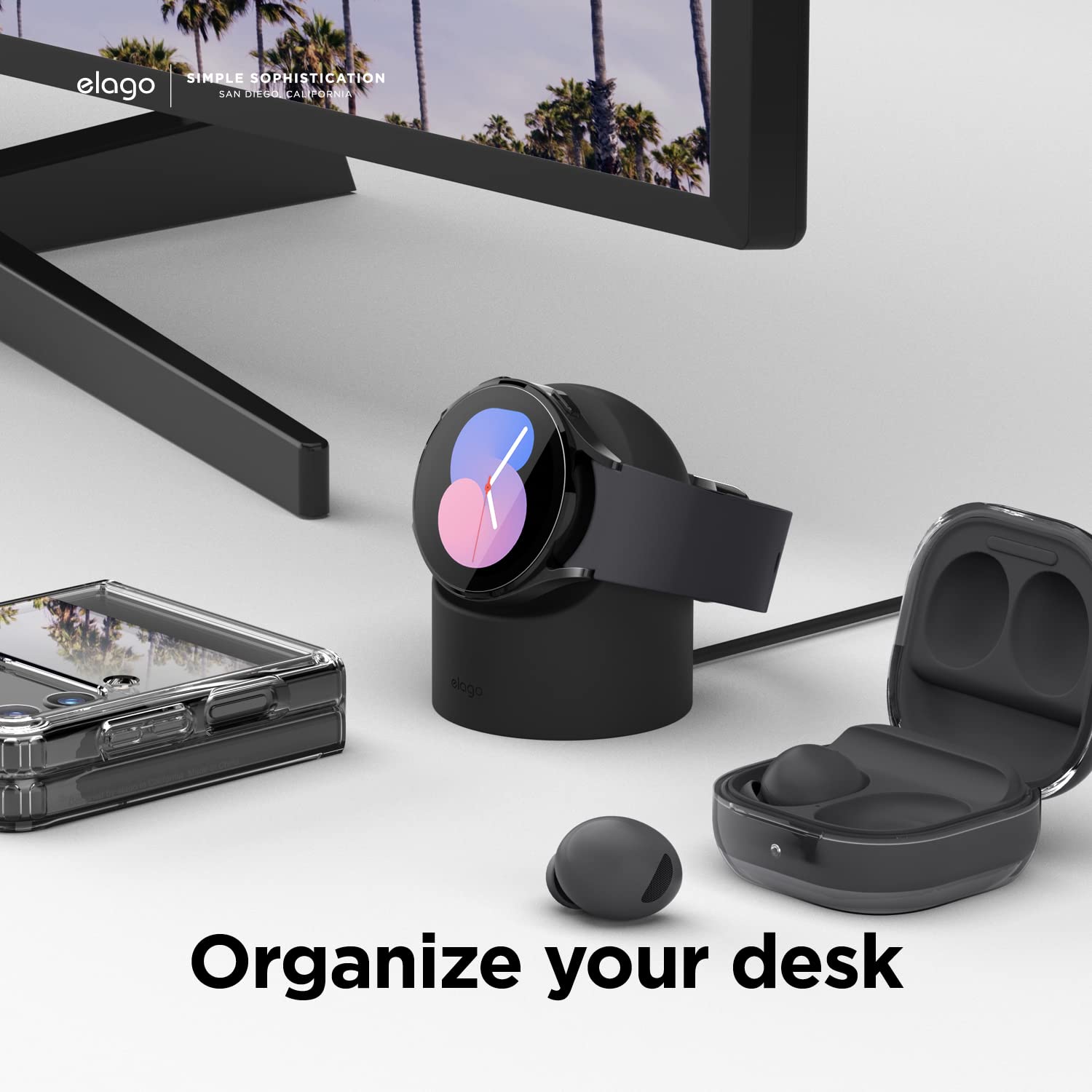 elago Soporte de Carga Compatible con Samsung Galaxy Watch 8/8 Classic,7/Ultra,6/6 Classic,5/5 Pro [40/43/44/45/47mm], Modo Soporte Nocturno, Gestión de Cables [Cable de Carga No Incluido] (Negro)
