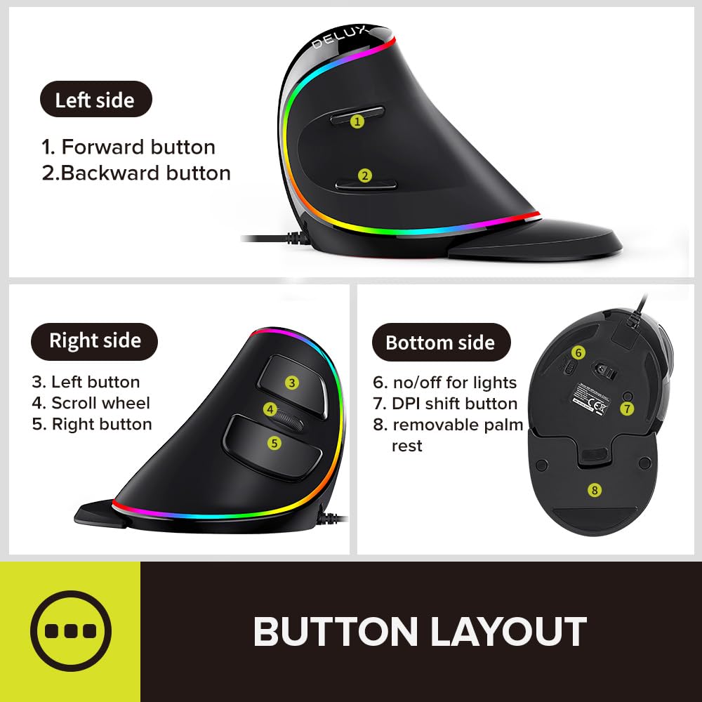 DeLUX mouse ergonómico, mouse vertical RGB grande con cable con 6 botones, reposamuñecas extraíble, 4000DPI y software a bordo que reduce la tensión de la mano, para túnel carpiano (M618Plus RGB-negro)