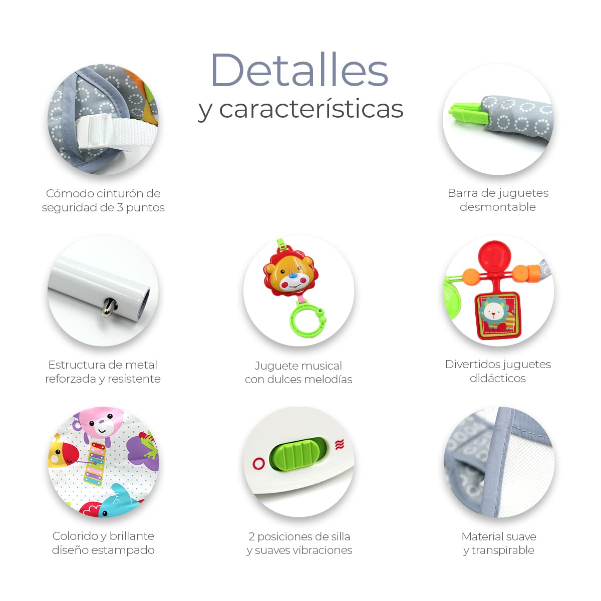 Silla Mecedora Musical Raganet Gris con Barra de Juguetes Desmontable para Bebés y Niños Pequeños