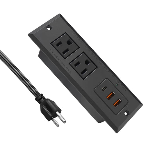 4 LEAF Regleta Multicontacto Escritorio USB C 20W PD Carga Rápida, Tira de Alimentación Empotrable Tipo C 2 Contactos 3 USB Muebles Outlet para Mesa Sofá Console Cajon Encimera 2 Metros Negro