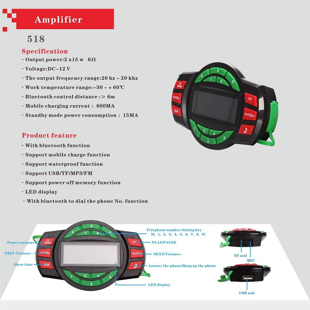 XYC UTV ATV - Amplificador Bluetooth, sistema de sonido, altavoces manos libres, sistema de audio FM USB, estéreo de 3.5 pulgadas, altavoces de 12 V, motocicleta, impermeable, audio FM, radio estéreo (plateado y negro)