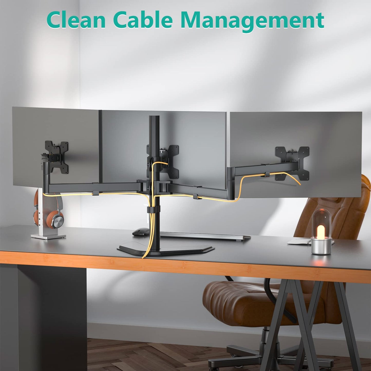 Soporte para Monitor Triple WALI Negro con Inclinación y Rotación para Escritorio