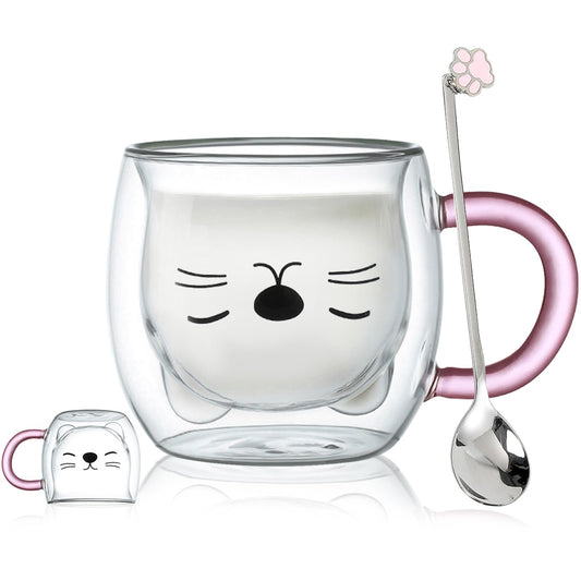 Binoster - Taza con aislamiento de doble pared de vidrio, taza de café, taza de té, taza de leche, regalo para oficina, cumpleaños, uso personal, de Navidad (gato púrpura)