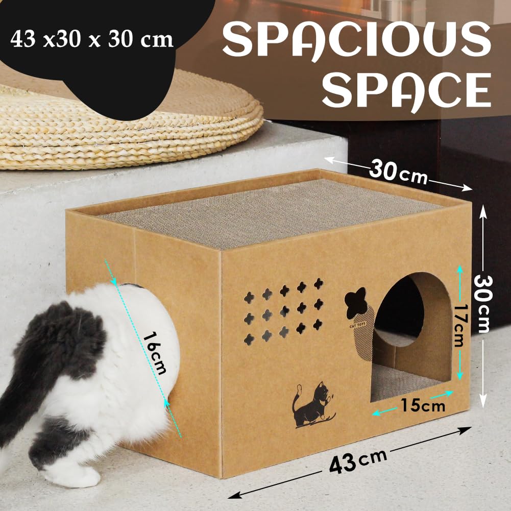 Casa de cartón para gatos con 2 almohadillas para orejas para rascar, cama grande para gatos rascadores para gatos de interior con cartón corrugado, caja rascador desmontable para gatos (Cactus)