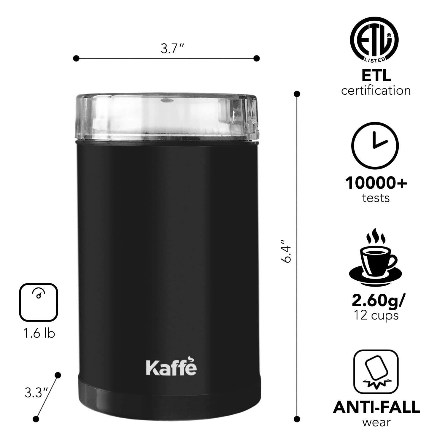 Molinillo de Café Eléctrico Kaffe Negro de Un Toque con Cepillo de Limpieza para Uso Doméstico