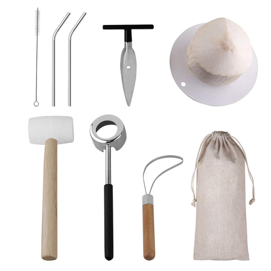 Juego de Herramientas KINGLEV Acero Inoxidable con Mazo de Goma y Pajita para Abrir Coco Joven
