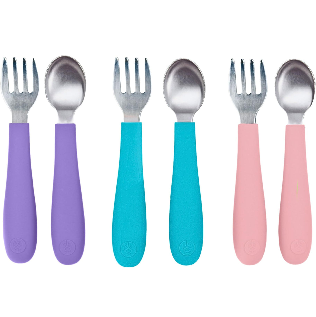 WeeSprout - Utensilios para niños pequeños, 3 tenedores y 3 cucharas, acero inoxidable 18/8 y silicona de grado alimenticio, asas gruesas de fácil agarre, longitud perfecta para nuevos