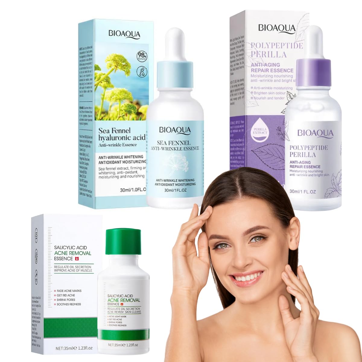 Trio Serum Hidratante Skin Care Alta Calidad Esencia Perilla Polipeptide + Sea Fennel Acido Hialuronico + Acido Salisilico Removedor Acne Cuidado De la Piel