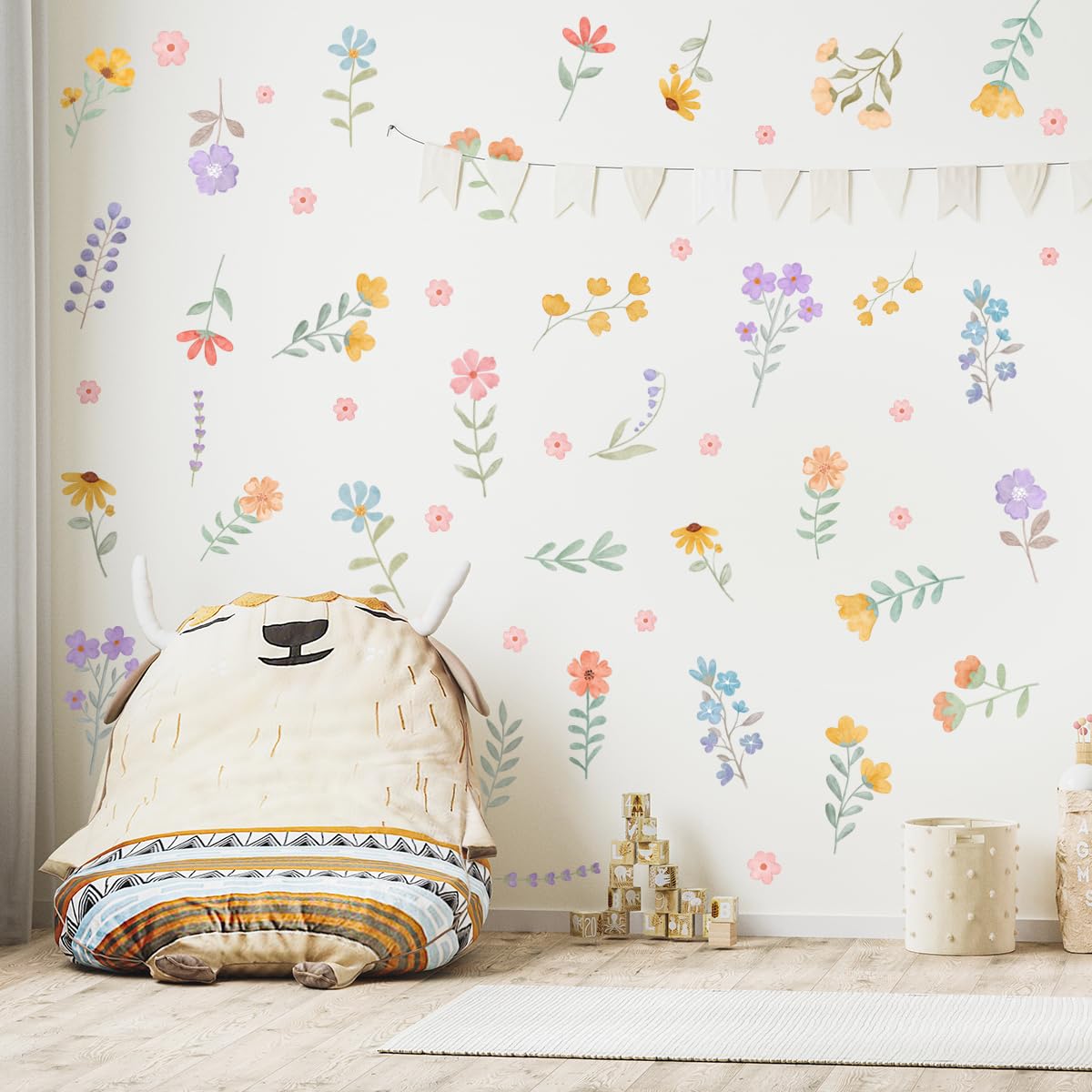 Calcomanías de pared de flores de acuarela bohemias – arte de flores silvestres extraíbles para recámara de niñas, cuarto de niños, decoración de murales de vinilo