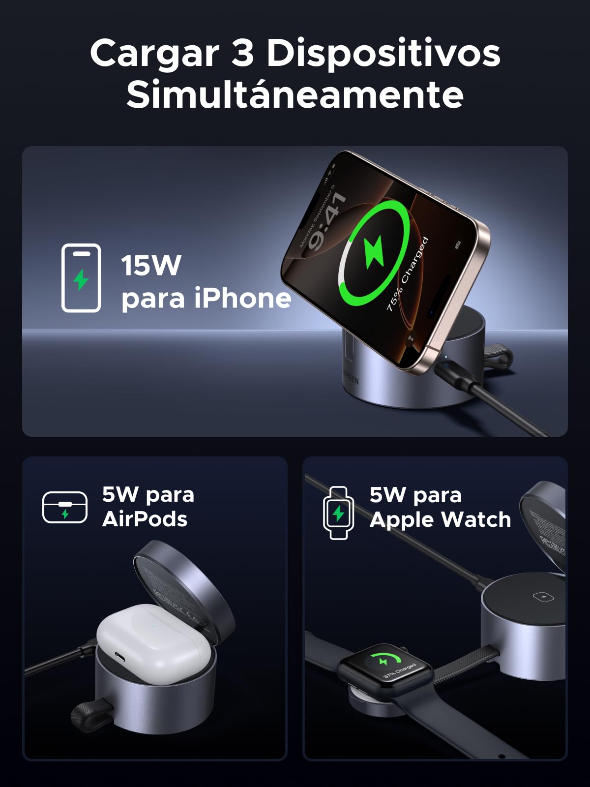 Cargador Inalámbrico Rápido UGREEN MagFlow Negro Plegable para iPhone y AirPods