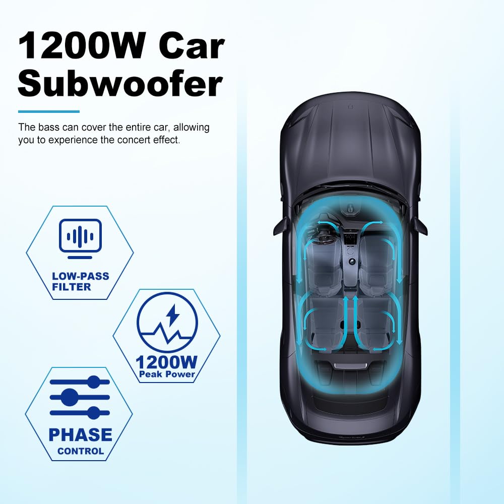 litillbuly Subwoofer de coche de 10 pulgadas, 1200 W, subwoofer delgado para debajo del asiento, entrada de nivel alto/bajo, subwoofer de audio para coche/camión, subwoofer integrado