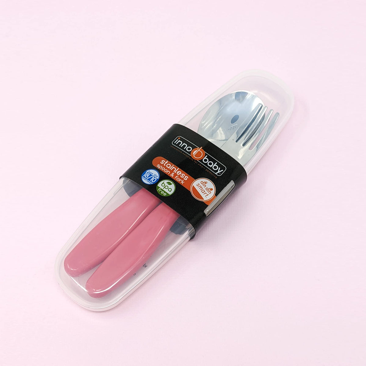 Innobaby Din Din Smart EZ Grip Cuchara y tenedor con estuche de transporte, juego de utensilios para niños y niños, sin BPA (rosa)