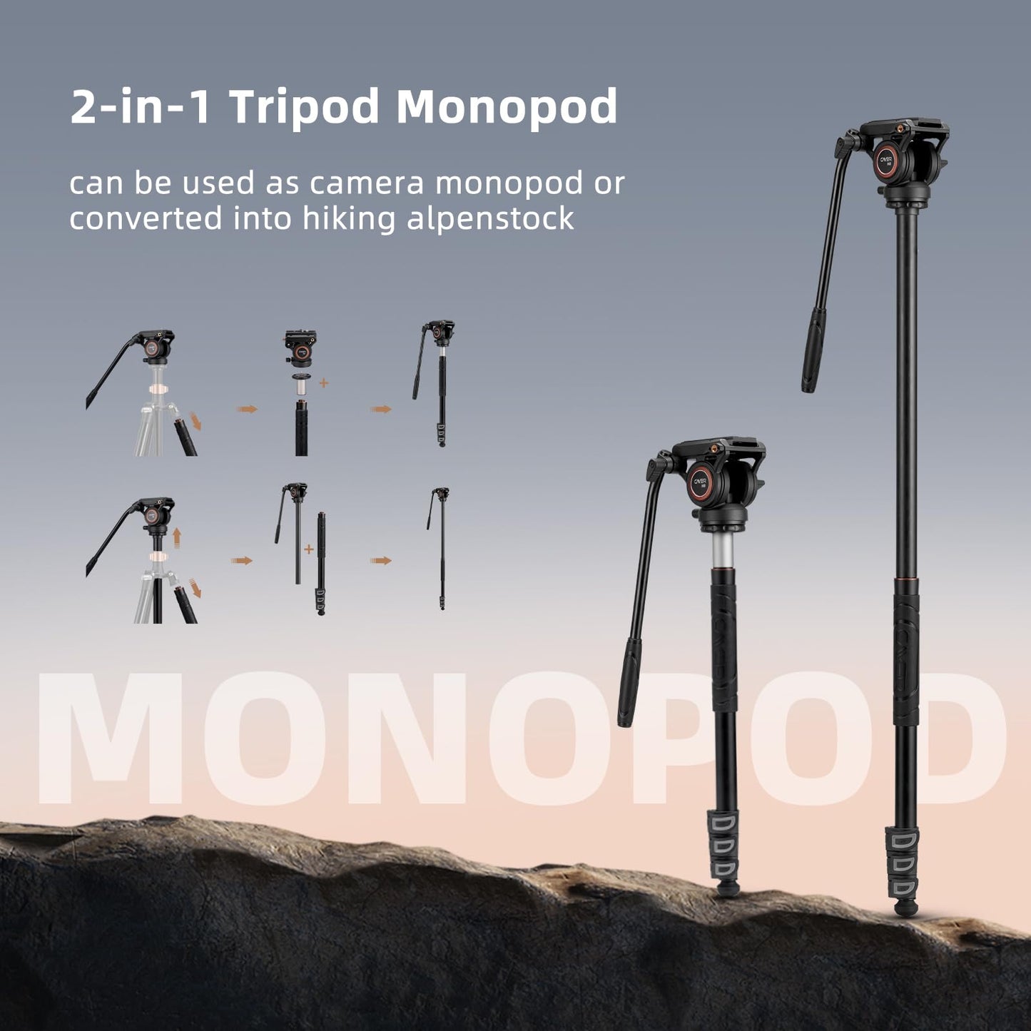 Cayer Trípode de Video de Aluminio de 191 cm Con Cabeza de Fluido y Monopié - Para Cámara DSLR, Capacidad de Carga de 6 kg - FP2450H6