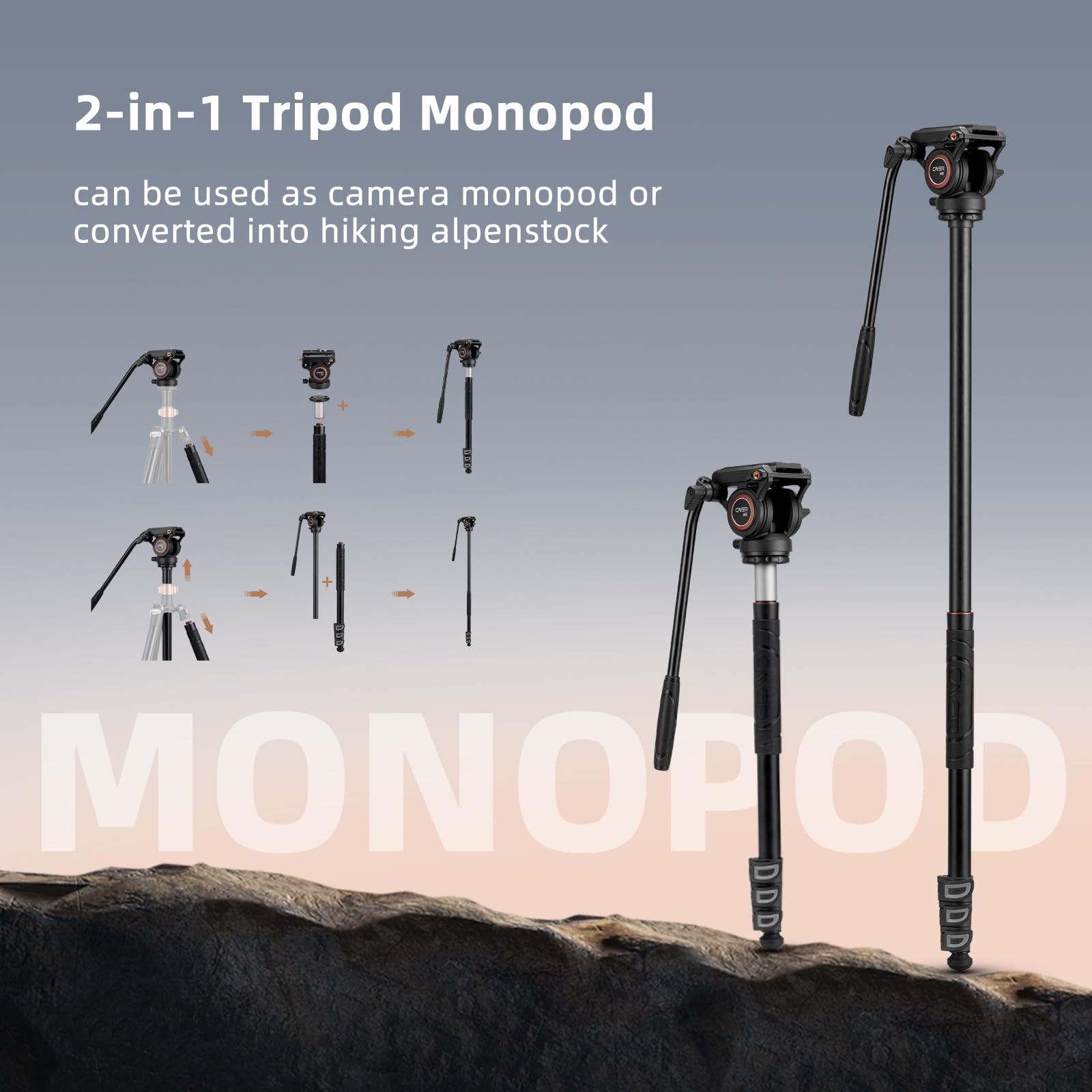 Cayer Trípode de Video de Aluminio de 191 cm Con Cabeza de Fluido y Monopié - Para Cámara DSLR, Capacidad de Carga de 6 kg - FP2450H6