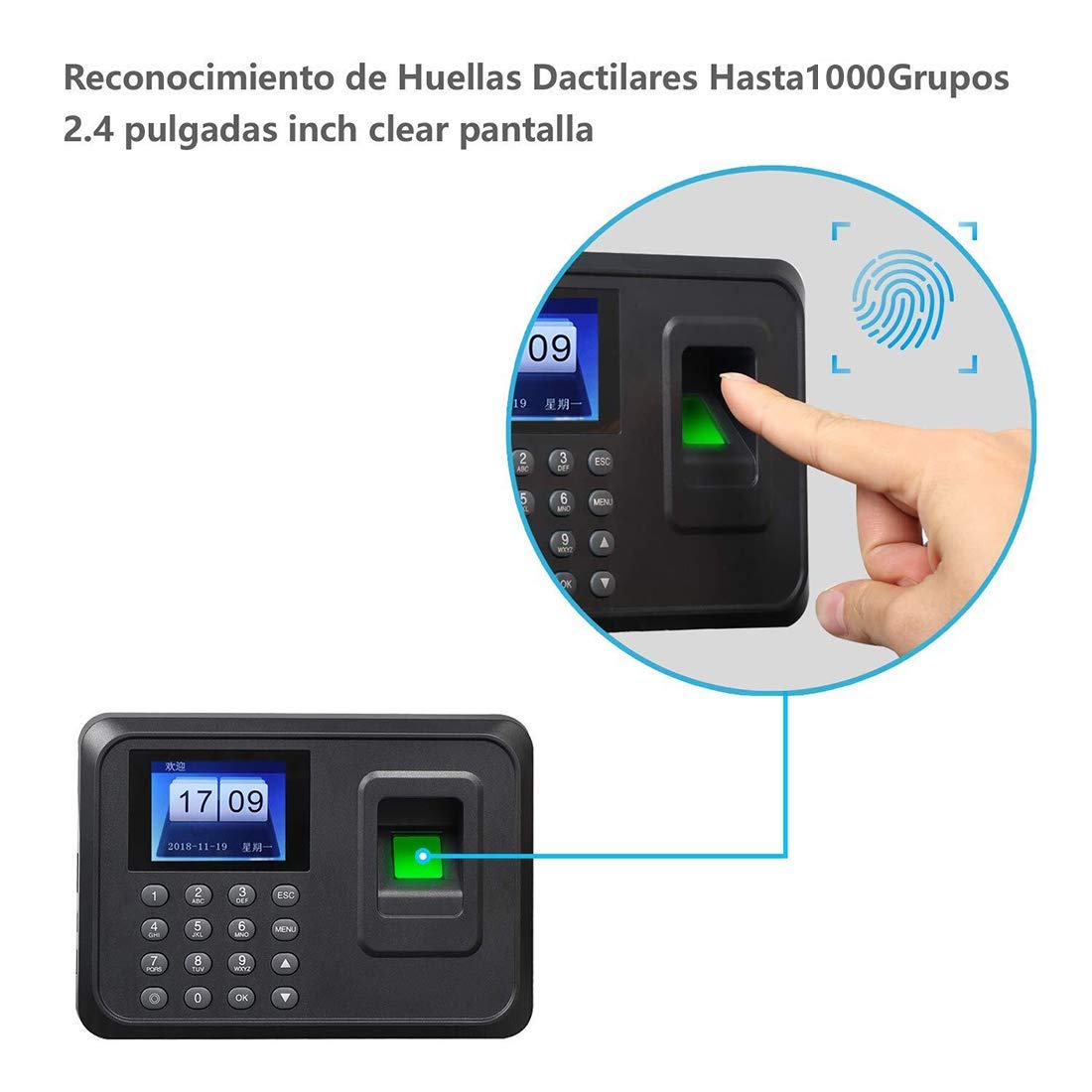 AVEDISTANTE Máquina Fichar, Máquina de Asistencia Biométrica de Huella Dactilar con Sistema Española Pantalla LCD Memoria Flash de 8GB, Relojes para Fichar con Capacidad de 1000 Huellas Dactilares