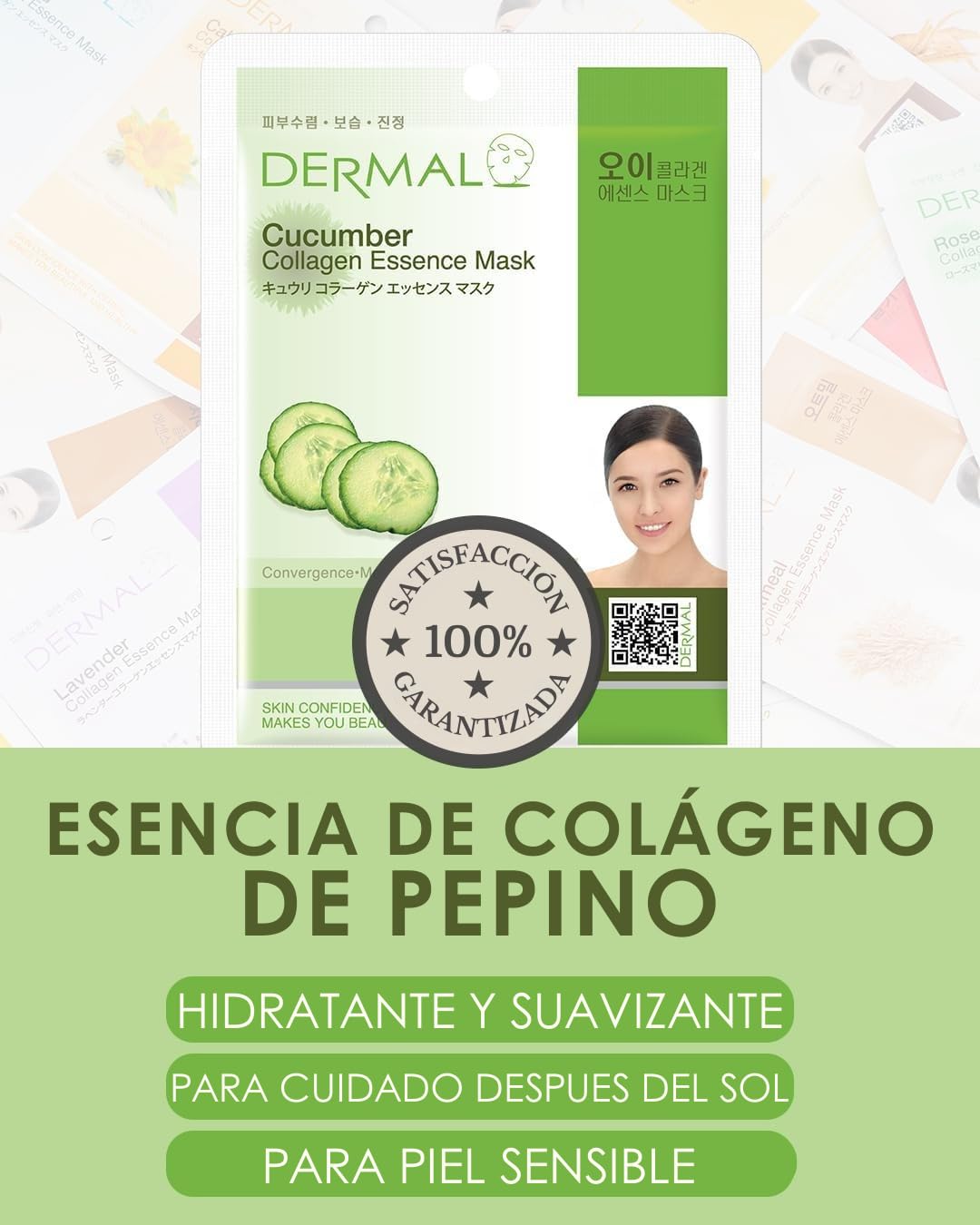 DERMAL Korea 10 Mascarillas Cucumber con Pepino, Colágeno y Vitamina E