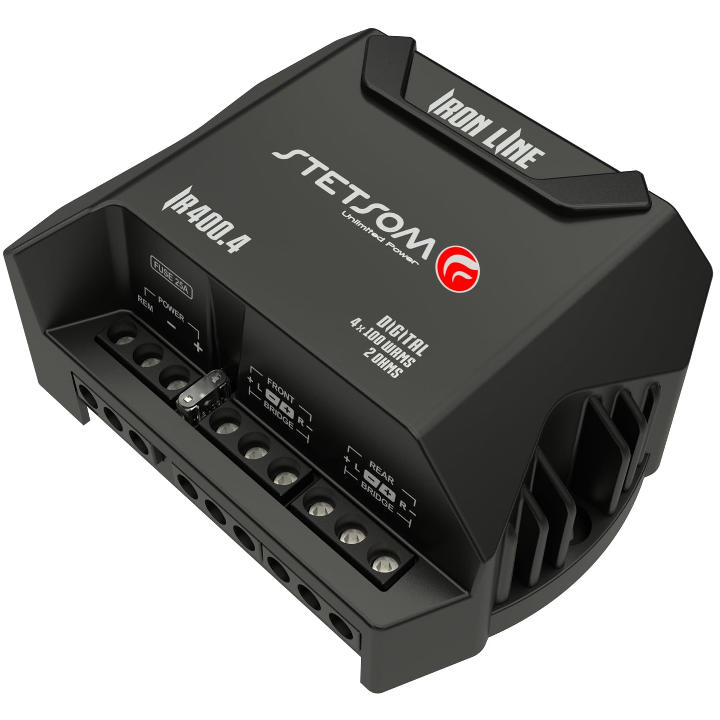 Amplificador Compacto IR400.4 STETSOM 2 Ohms Iron Line para Auto 400W 4 Canales