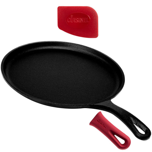 Cuisinel - Plancha redonda de hierro fundido, sartén para crepe de 10.5 pulgadas + cubierta de mango de silicona, Comal presazonada para tortillas - Sartén plana Dosa Tawa Roti Grill - horno, estufa,