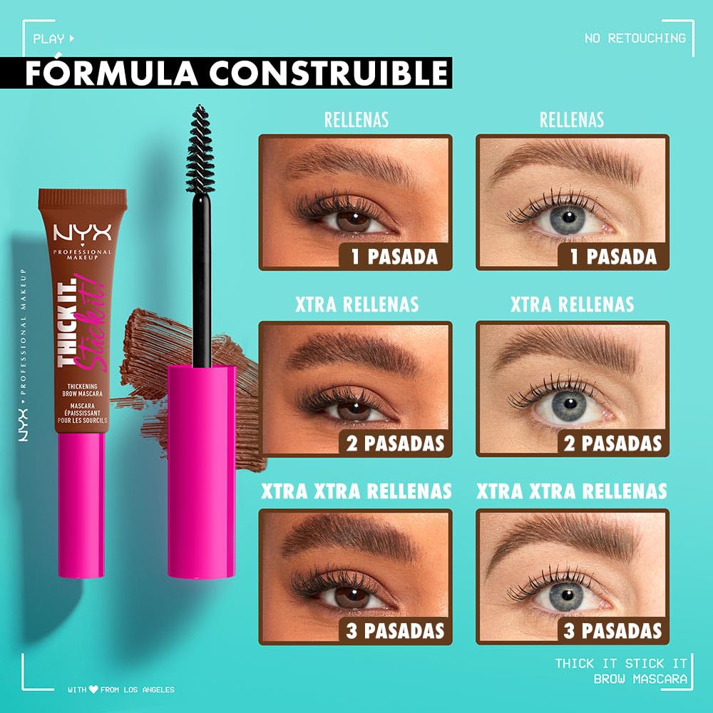 NYX Professional Makeup, Thick It Stick It! Gel de cejas con color, 7ml. Tono: Black. Mascara de cejas con microfibras que rellena, da volumen y fija las cejas hasta por 16 horas. Fórmula vegana.