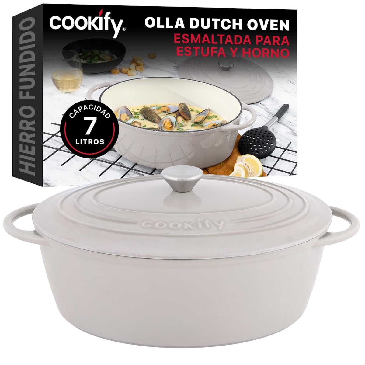 Cookify Olla de Hierro Fundido Esmaltado para Horno y Estufa, Horno Holandés Capacidad 7 Litros Dutch Oven (Taupe, 35 cm)